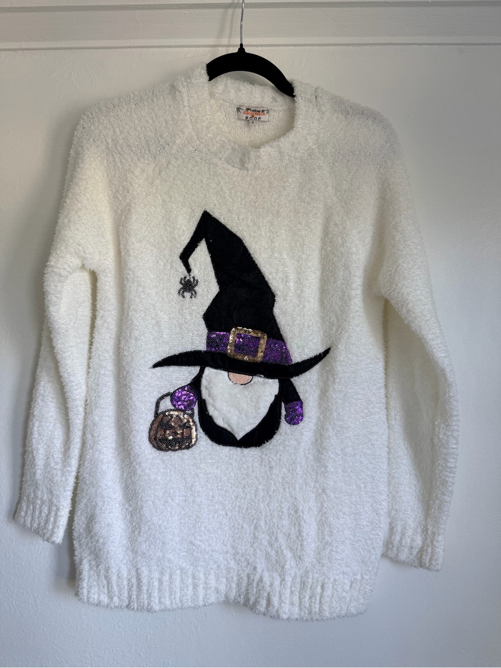 Women's White Crewneck Sweater with Witch Gnome Graphic